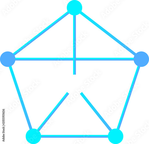 Blue geometric mesh graph showing five nodes connected by lines representing digital data and illustration