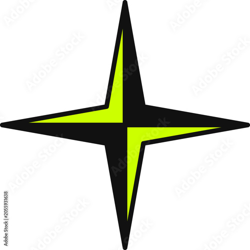 Minimalist four pointed navigation compass star icon in lime green and black over white background.
