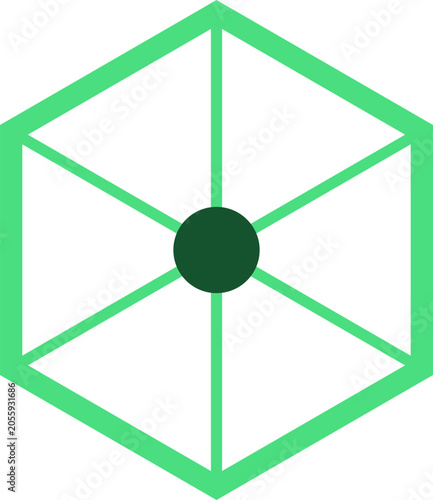 Simple green geometric hexagon icon with a central dark node and radial lines isolated illustration