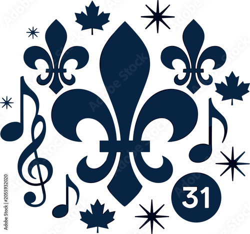Fleur de lis symbol ornament vector illustration featuring music notes maple leaves and stars for cultural festival celebration design