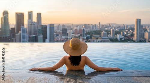Woman relaxing in rooftop infinity pool overlooking city skyline.