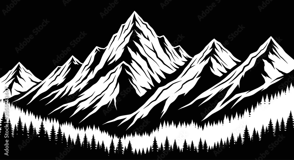 Fototapeta premium Black and White Mountain Range Silhouette with Pine Forest