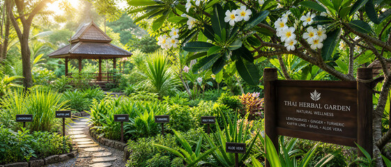 Beautiful tropical herbal garden with a wooden pavilion and signs of medicinal plants
