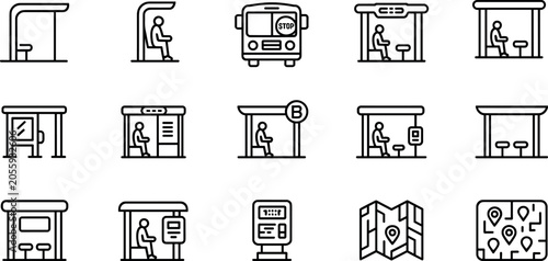 Bus stop and public transportation line icon set vector illustration featuring shelters passengers maps and transit schedule displays