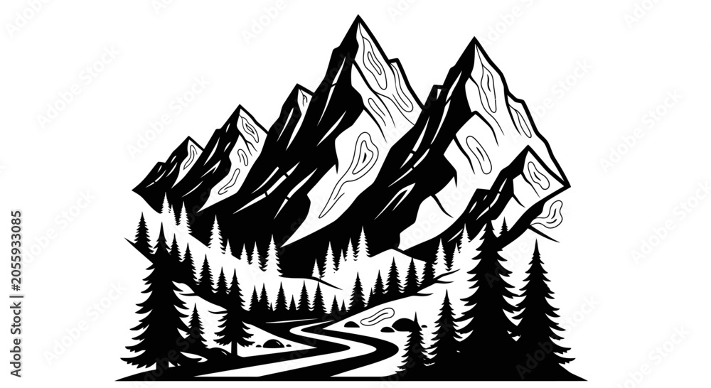 Fototapeta premium Black and White Mountain Landscape with Pine Forest Vector Illustration