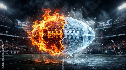 Dynamic image of a football split between fiery flames and icy frost, suspended over a dark stadium field during a dramatic night game.