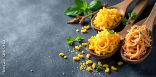Assortment of pasta on wooden spoons against grey stone , food photography, carbohydrate, food