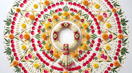 Traditional Thai flower garland (Phuang Malai) with beautiful floral mandala pattern on white background for Songkran festival and Mother's Day.