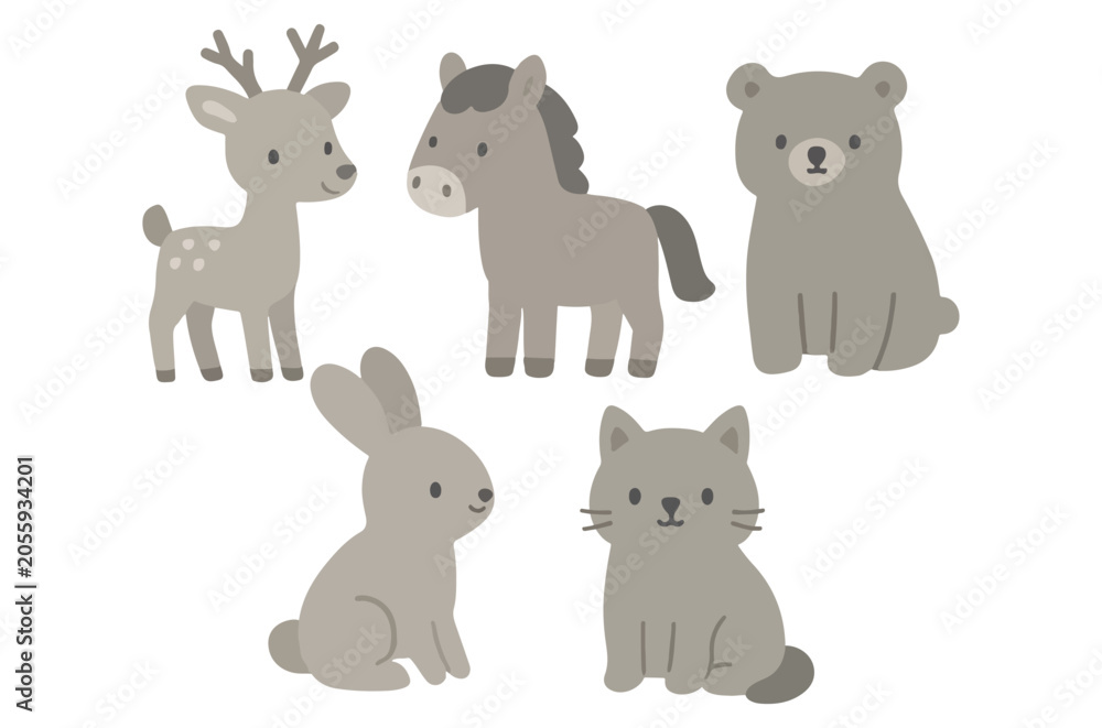 Naklejka premium Animal Illustrations Deer Horse Bear Rabbit And Cat In Neutral Tones