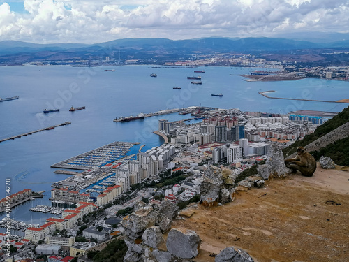 Beautiful panoramic overview from the rock of gibraltar with a wild barbary macaque monkey sitting by the edge overlooking the busy port city and blue bay under a dramatic sky