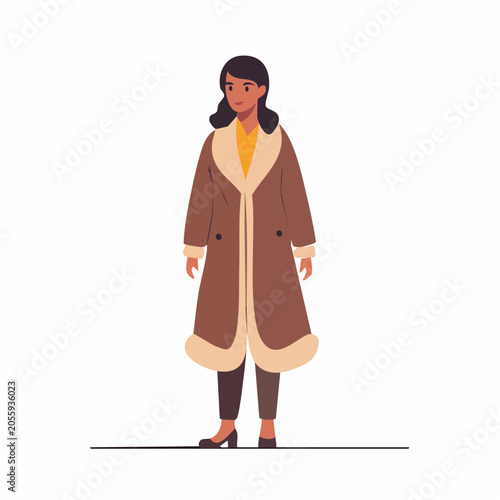 Woman in a long brown shearling coat
