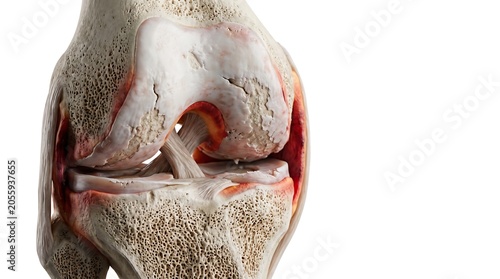 Detailed 3D medical illustration of a human knee joint showing severe osteoarthritis and damaged articular cartilage