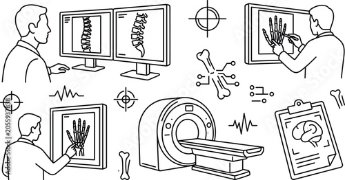 Foto Medical radiology and diagnostic imaging line icon set with mri scanner x ray an