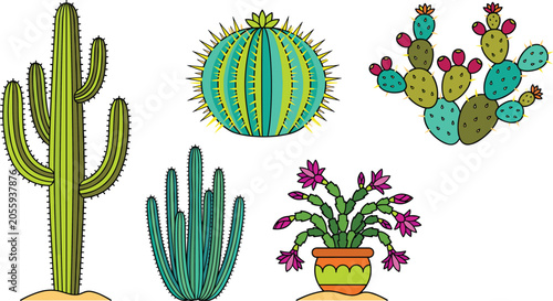 Foto Desert Cactus and Blooming Succulent Plant Vector Icon Set with Saguaro Barrel P