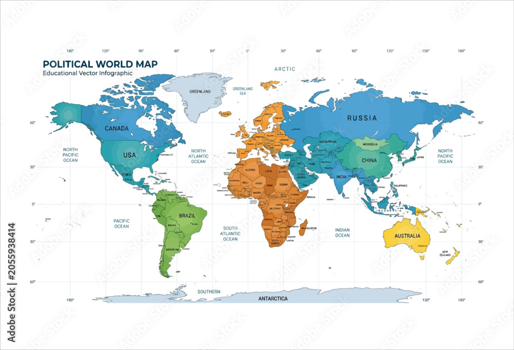 Obraz premium Political world map vector infographic with country borders and ocean names