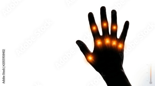 Medical illustration showing joint pain and inflammation in a human hand silhouette with glowing orange spots on white background.