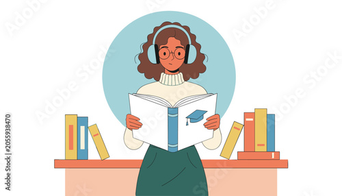 Woman with Headphones Reading Book at Desk