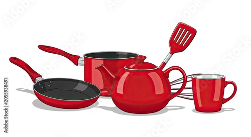 Collection of red kitchen cooking utensils and kettle.
