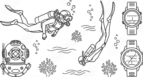 Canvastavla Scuba diving and underwater exploration line icon set with divers old helmet wat