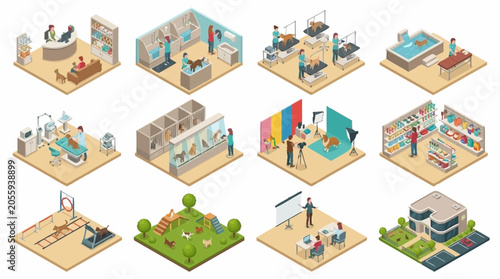 Schilderij op canvas Isometric collection of various pet care services and facilities, including grooming, training, and boarding