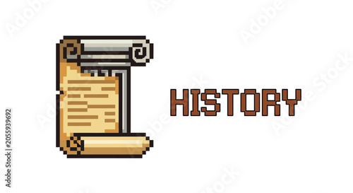 Pixel art scroll with history text.
