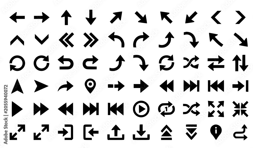 Naklejka premium Modern black arrow symbol collection with navigation buttons packaging signs and directional pointers