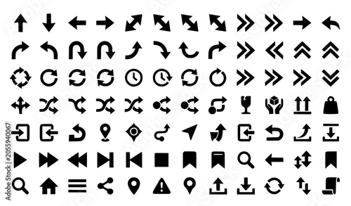 Black arrow icons set with packaging symbols navigation controls motion pointers and wayfinding directions