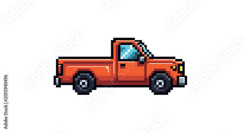 Pixel Art Orange Pickup Truck.