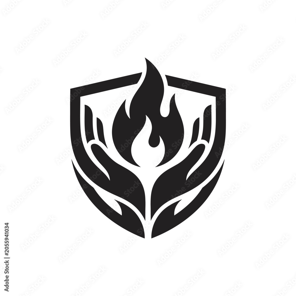 Fototapeta premium Black shield icon featuring hands cupping a stylized flame.