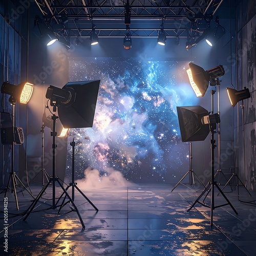 A studio with lights and a colorful backdrop