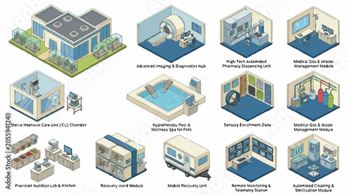 Tableau sur toile Isometric illustration of a modern hospital complex with various medical modules and facilities