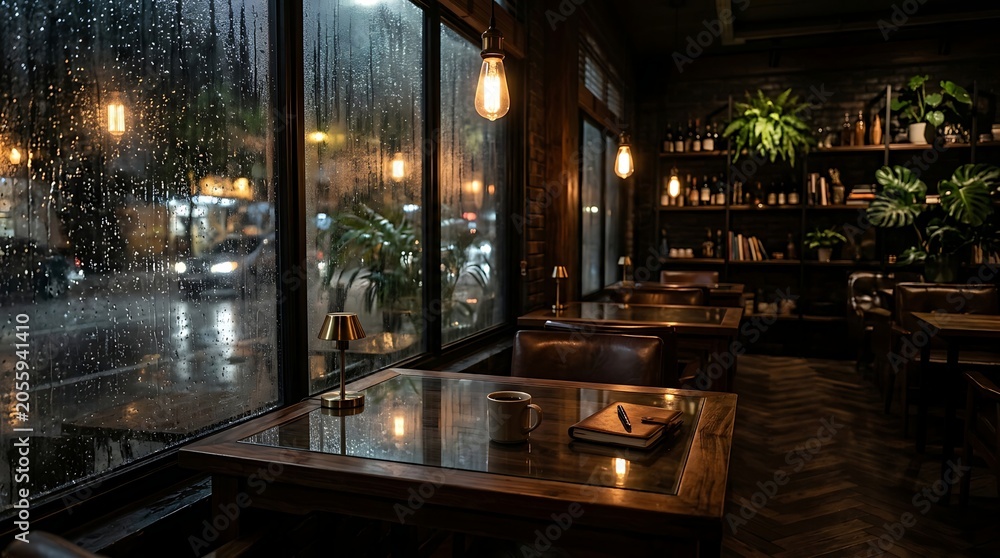 Fototapeta premium Cozy Cafe Interior with Rainy Window and Warm Evening Lighting