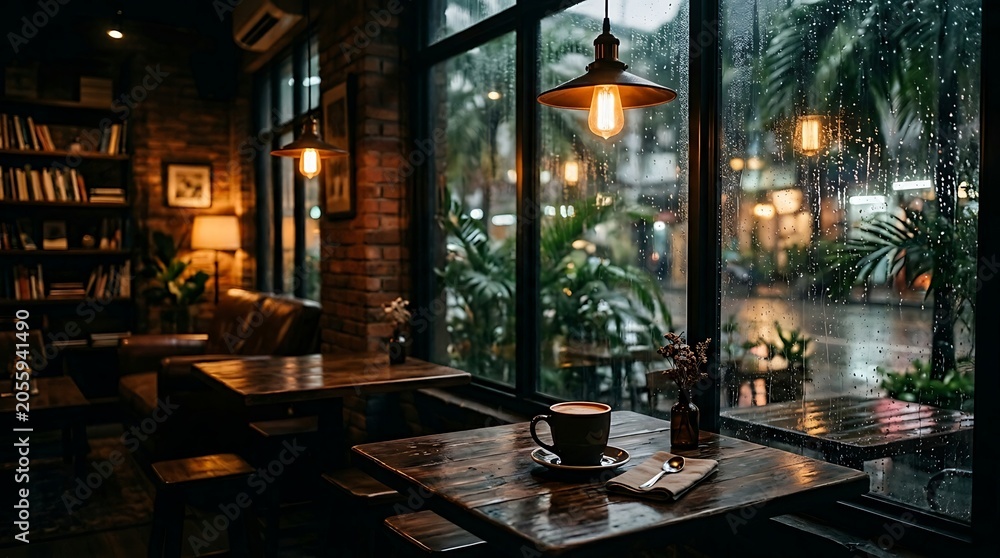 Fototapeta premium Cozy Cafe Interior with Rainy Window and Warm Evening Lighting