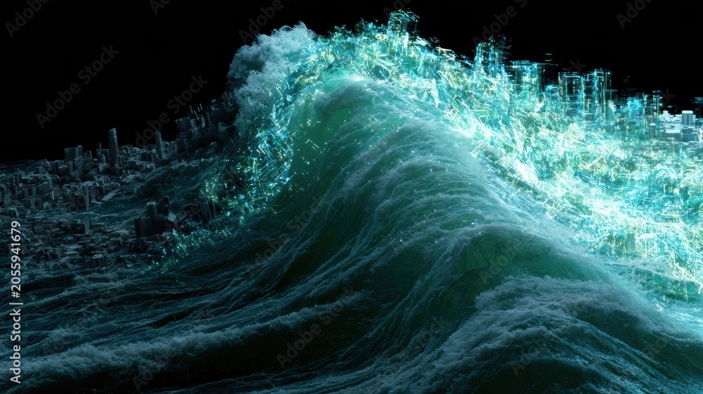 Obraz premium A digital wave flows through a traditional setting, transforming gray structures into bright, glowing forms, illustrating change management in action.