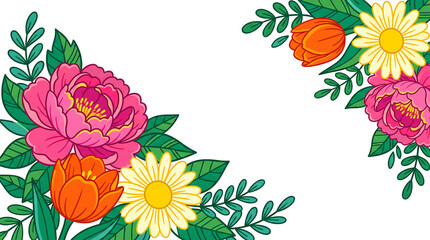 Vibrant corner floral arrangements featuring lush pink peonies, cheerful orange tulips, and delicate yellow daisies with abundant green foliage create a blooming festive border for spring