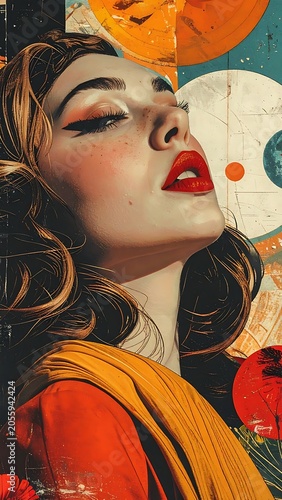 A woman with long hair and red lips looks up at colorful circles