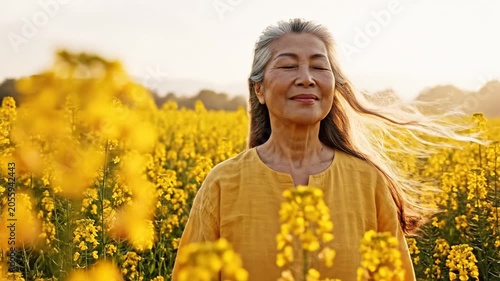 Senior Asian woman with grey hair standing in a blooming yellow rapeseed field at sunset with her eyes closed and a peaceful smile