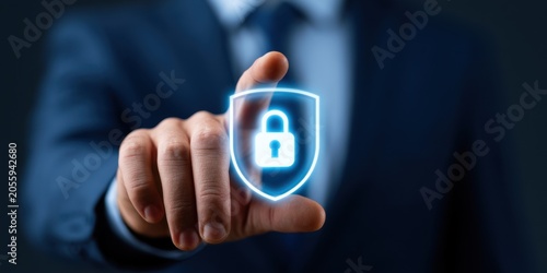 Business executive with holographic security in a futuristic office environment