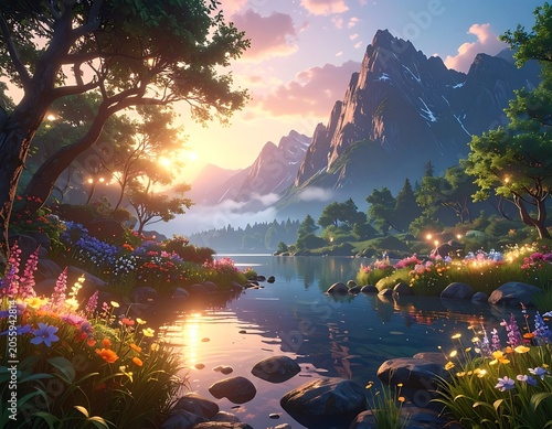 Serene landscape with a lake, vibrant flowers, and majestic mountains