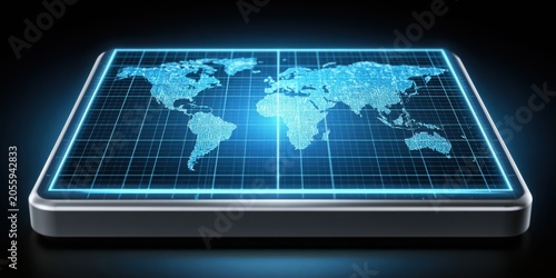 Interactive digital world map with geographic data clusters virtual environment data visualization global perspective