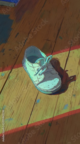 A child's light blue shoe on a wooden floor.