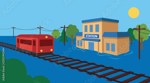 Fotografija Heavy Flooding Submerging Railroad Tracks and Train Station