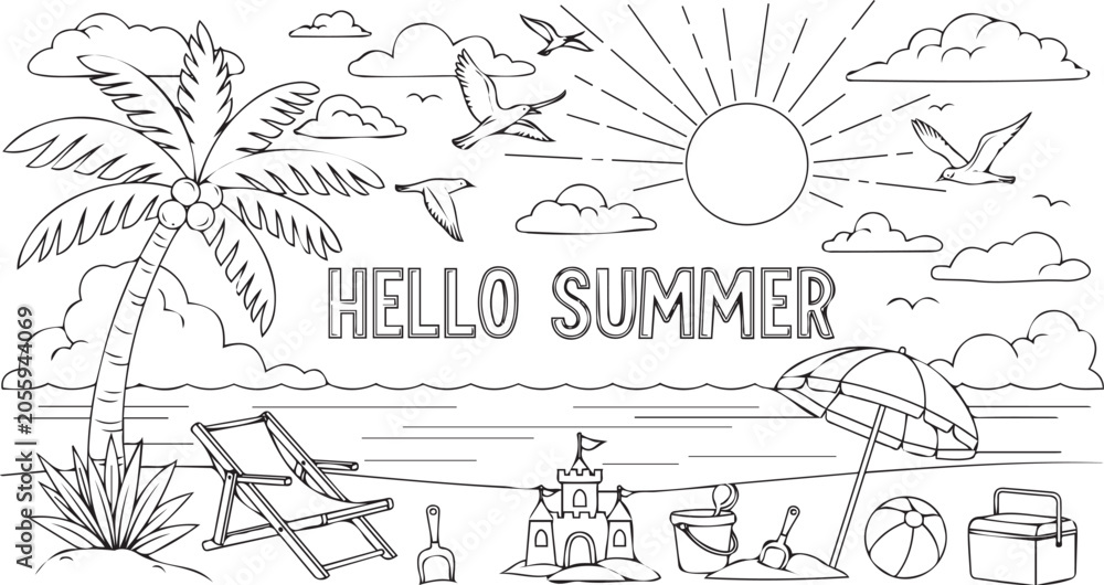 Obraz premium Hello summer beach scene coloring page for kids and adults