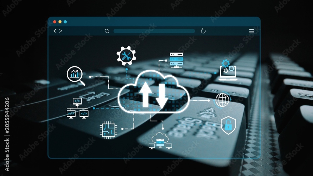 Fototapeta premium High-Tech Digital Cloud Computing Concept with Icons and Graphical Elements on a Keyboard Background for Technology and Innovation Themes. Entropy.