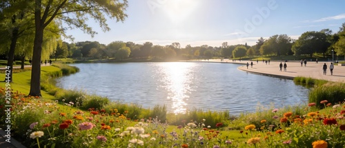 Park with lake flowers and people