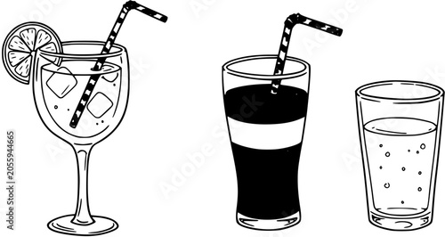 Photos Drinks Collection: Hand-Drawn Line Art of Wine Glass, Soda, and Water