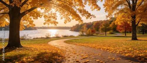 Autumn park with lake and colorful trees