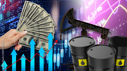 Bild auf Leinwand Financial growth and high profitability in the global energy sector are highlighted by rising market charts, US dollar cash returns, and active oil extraction equipment