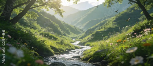 Mountain stream with flowers and birds