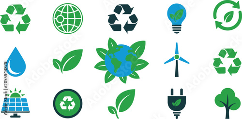 Ecology and renewable green energy icon set vector illustration featuring recycling symbols solar panels wind turbines and leaves